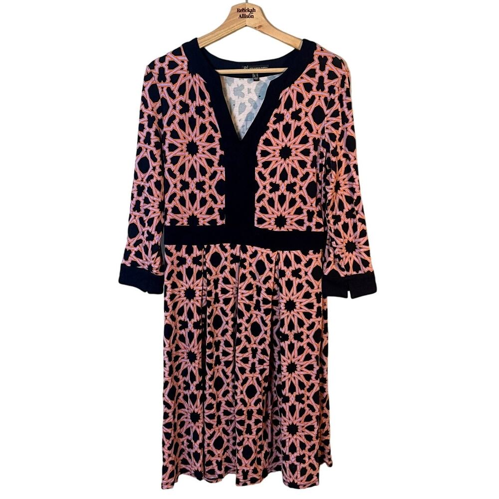 Adrianna Papell Orange Purple Geometric Dress Stretchy Flower Power 70s SZ 12